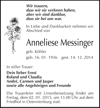 Traueranzeige von Anneliese Messinger von Mitteldeutsche Zeitung Köthen