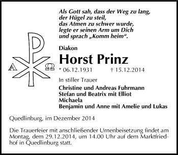 Traueranzeige von Horst Prinz von Mitteldeutsche Zeitung Quedlinburg