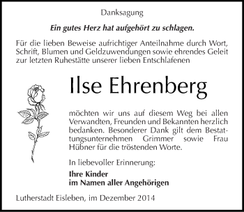 Traueranzeige von Ilse Ehrenberg von Mitteldeutsche Zeitung Mansfelder Land