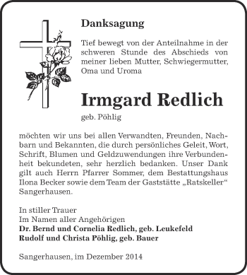 Traueranzeige von Irmgard Redlich von Super Sonntag SGH Mansf. Land