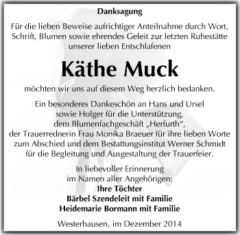 Traueranzeige von Käthe Muck von Mitteldeutsche Zeitung Quedlinburg