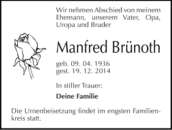 Traueranzeige von Manfred Brünoth von Mitteldeutsche Zeitung Sangerhausen