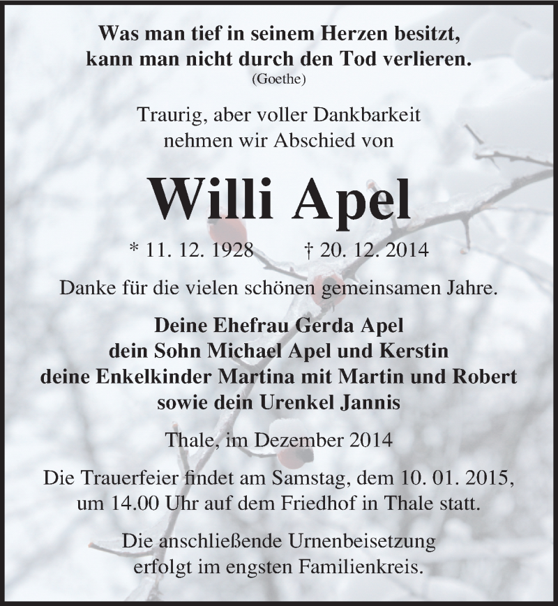 Traueranzeige für Willi Apel vom 27.12.2014 aus Mitteldeutsche Zeitung Quedlinburg