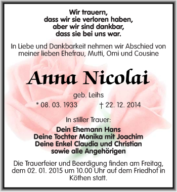 Traueranzeige von Anna Nicolai von Mitteldeutsche Zeitung Köthen