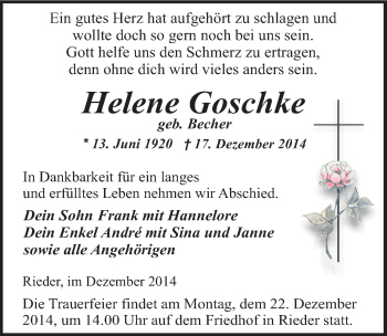 Traueranzeige von Helene Goschke von Mitteldeutsche Zeitung Quedlinburg