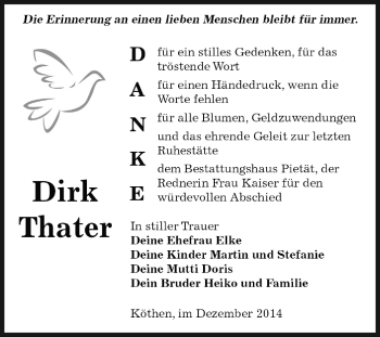 Traueranzeige von Dirk Thater von WVG - Wochenspiegel Dessau / Köthen