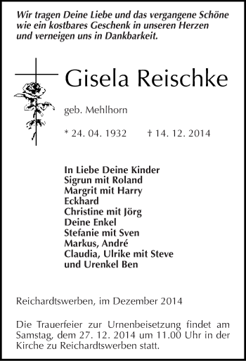 Traueranzeige von Gisela Reischke von Mitteldeutsche Zeitung Weißenfels