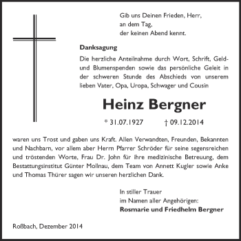 Traueranzeige von Heinz Bergner von WVG - Wochenspiegel Merseburg