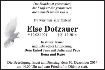 Traueranzeige von Else Dotzauer von WVG - Wochenspiegel Wittenberg