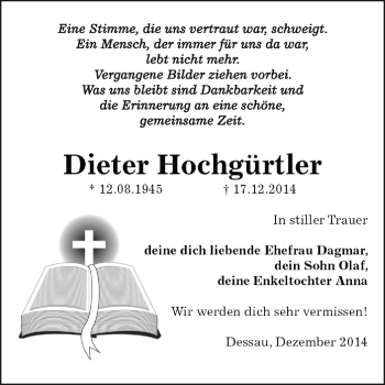 Traueranzeige von Dieter Hochgürtler von WVG - Wochenspiegel Dessau / Köthen
