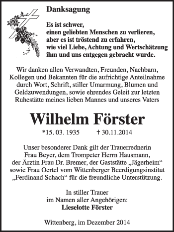 Traueranzeige von Wilhelm Förster von WVG - Wochenspiegel Wittenberg
