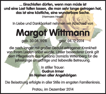 Traueranzeige von Margot Wittmann von WVG - Wochenspiegel Wittenberg