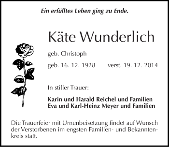 Traueranzeige von Käte Wunderlich von Mitteldeutsche Zeitung Weißenfels