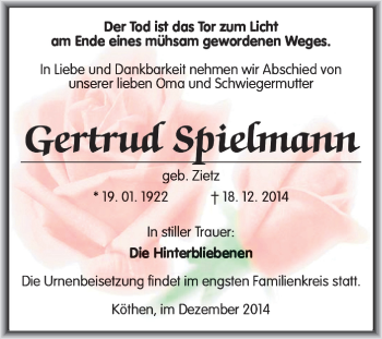 Traueranzeige von Gertrud Spielmann von WVG - Wochenspiegel Dessau / Köthen