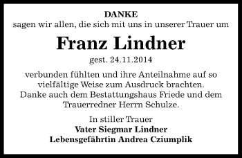 Traueranzeige von Franz Lindner von Mitteldeutsche Zeitung Dessau-Roßlau