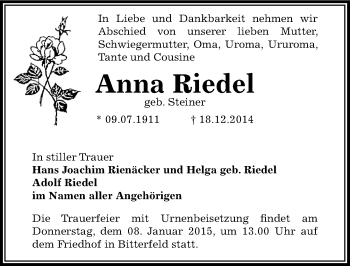 Traueranzeige von Anna Riedel von Mitteldeutsche Zeitung Bitterfeld