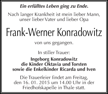 Traueranzeige von Frank-Werner Konradowitz von Mitteldeutsche Zeitung Quedlinburg