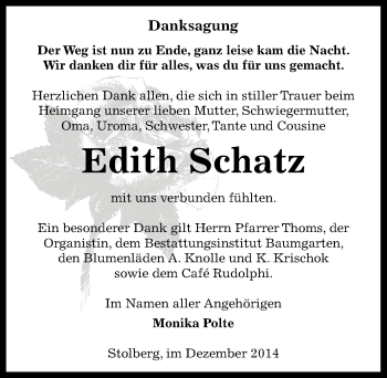 Traueranzeige von Edith Schatz von Mitteldeutsche Zeitung Sangerhausen
