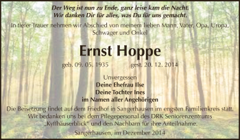 Traueranzeige von Ernst Hoppe von Super Sonntag SGH Mansf. Land