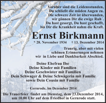 Traueranzeige von Ernst Birkmann von Mitteldeutsche Zeitung Quedlinburg
