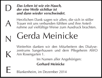 Traueranzeige von Gerda Meinicke von Mitteldeutsche Zeitung Sangerhausen