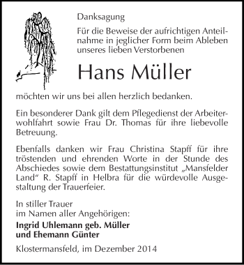 Traueranzeige von Hans Müller von Mitteldeutsche Zeitung Mansfelder Land