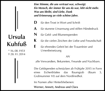 Traueranzeige von Ursula Kuhfuß von Mitteldeutsche Zeitung Halle/Saalkreis