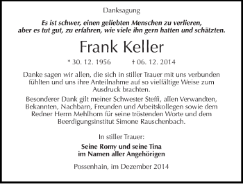 Traueranzeige von Frank Keller von Mitteldeutsche Zeitung