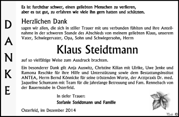 Traueranzeige von Klaus Steidtmann von WVG - Wochenspiegel NMB / WSF / ZTZ