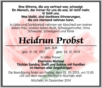 Traueranzeige von Heidrun Probst von Mitteldeutsche Zeitung Merseburg/Querfurt