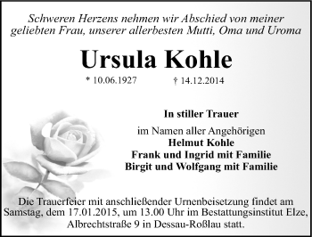Traueranzeige von Ursula Kohle von Mitteldeutsche Zeitung Dessau-Roßlau