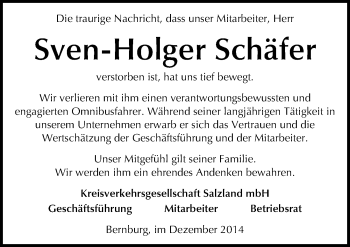 Traueranzeige von Sven-Holger Schäfer von Mitteldeutsche Zeitung Aschersleben