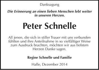 Traueranzeige von Peter Schnelle von Mitteldeutsche Zeitung Halle/Saalkreis