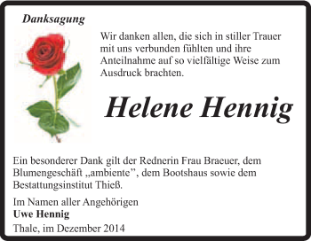 Traueranzeige von Helene Hennig von Super Sonntag Quedlinburg
