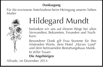 Traueranzeige von Hildegard Mundt von Mitteldeutsche Zeitung Quedlinburg