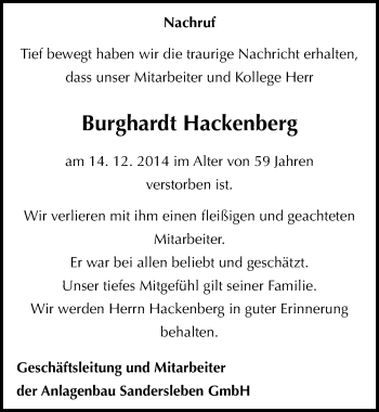 Traueranzeige von Burghardt Hackenberg von Mitteldeutsche Zeitung Mansfelder Land