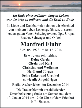 Traueranzeige von Manfred Fluhr von Mitteldeutsche Zeitung Sangerhausen