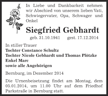 Traueranzeige von Siegfried Gebhardt von Super Sonntag Bernburg