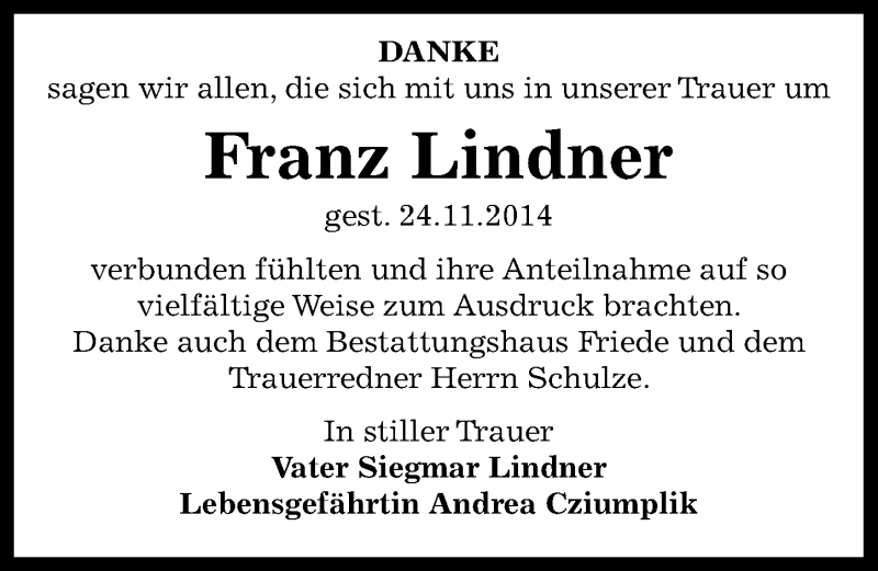  Traueranzeige für Franz Lindner vom 27.12.2014 aus Mitteldeutsche Zeitung Dessau-Roßlau