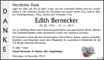 Traueranzeige von Edith Bernecker von Mitteldeutsche Zeitung Weißenfels