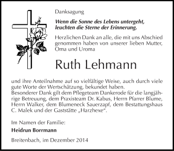 Traueranzeige von Ruth Lehmann von Mitteldeutsche Zeitung Sangerhausen