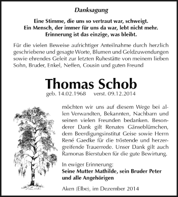 Traueranzeige von Thomas Schob von WVG - Wochenspiegel Dessau / Köthen