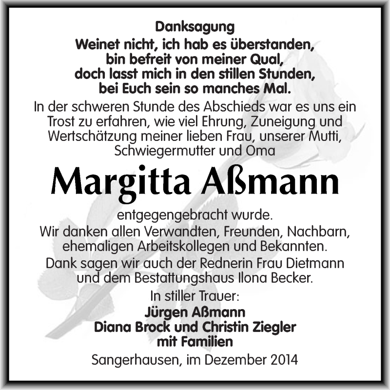  Traueranzeige für Margitta Aßmann vom 28.12.2014 aus Super Sonntag SGH Mansf. Land