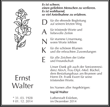 Traueranzeige von Ernst Walter von Mitteldeutsche Zeitung Mansfelder Land