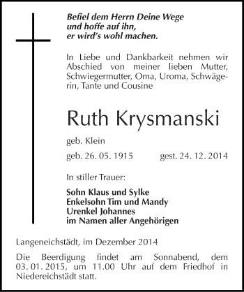 Traueranzeige von Ruth Krysmanski von Mitteldeutsche Zeitung Merseburg/Querfurt