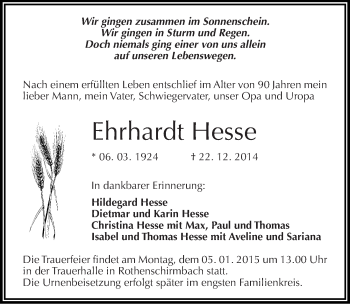 Traueranzeige von Ehrhardt Hesse von Mitteldeutsche Zeitung Mansfelder Land