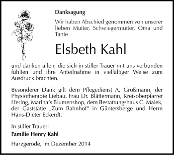 Traueranzeige von Elsbeth Kahl von WVG - Wochenspiegel Quedlinburg