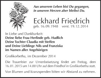 Traueranzeige von Eckhard Friedrich von WVG - Wochenspiegel NMB / WSF / ZTZ