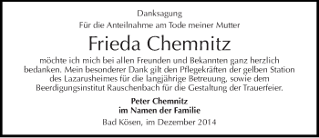 Traueranzeige von Frieda Chemnitz von Mitteldeutsche Zeitung Naumburg/Nebra