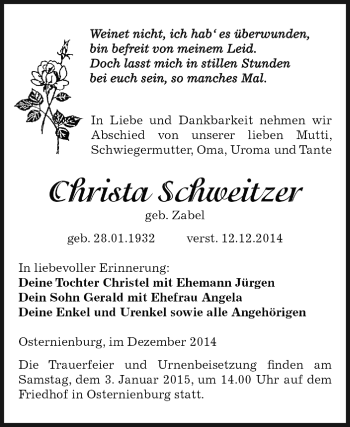 Traueranzeige von Christa Schweitzer von WVG - Wochenspiegel Dessau / Köthen